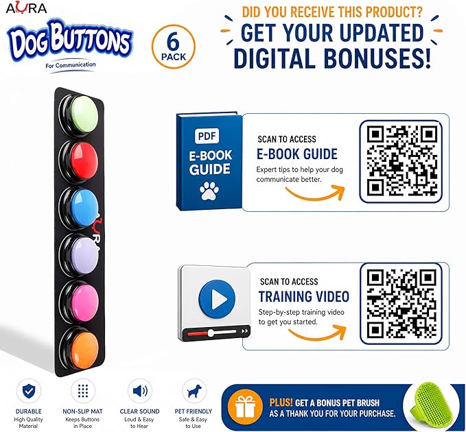 A-URA Dog Talking Buttons for Communication – 6 Recordable Dog Buttons with Anti-Slip Mat, Word Stickers, Training Guide & Video | Dog Communication Buttons for Potty Training, Daily Needs & Behavior