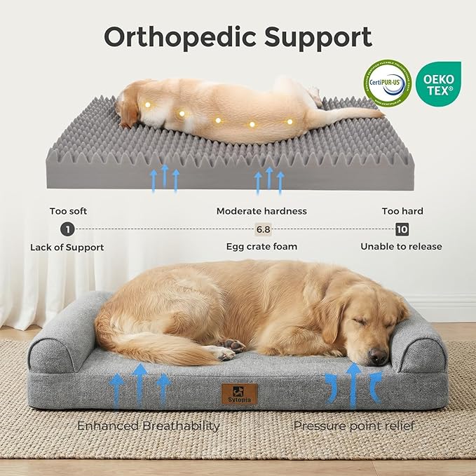 Sytopia 42 Inch Indestructible Dog Beds for Large Dogs, Big Chew Proof Orthopedic Egg Crate Foam Pet Bed with Washable Removable Cover and Anti-Slip Bottom, Grey