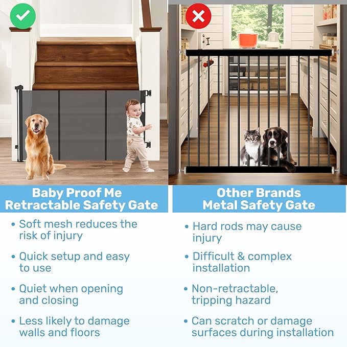 Baby Proof Me Retractable Baby Gates for Stairs & Doorways - 71” Wide Mesh Safety Gate for Toddlers, Dog & Pets - Use for Indoor/Outdoor, Hallways, Deck, Porch - Easy Installation, Secure Closure