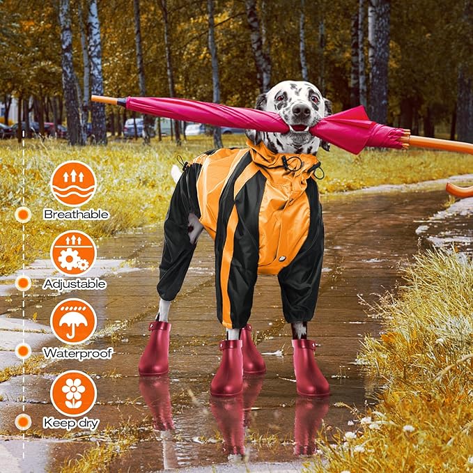 Dog Raincoat - Waterproof, Lightweight Jacket for Large Dogs - Adjustable 4 Legs Pet Poncho With Hood, Snow-Proof Vest, Leash Hole