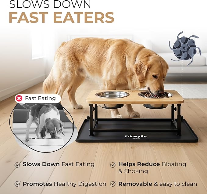 Adjustable Raised Dog Bowls – Elevated Dog Bowl Stand with Bamboo Stand, 2 Stainless Steel Bowls, Slow Feeder Insert & Silicone Mat – Dog Bowls with Stand for Small & Medium Dogs