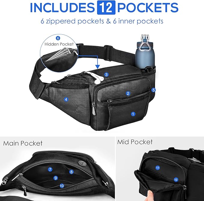 NOOLA Fanny Pack Waist Bag for Men Women, Lightweight Waist Pack with Water Bottle Holder, Adjustable Belt Bag with Multi-Pockets for Hiking, Dog Walking, Outdoor, Cycling, Running, Travel, Black