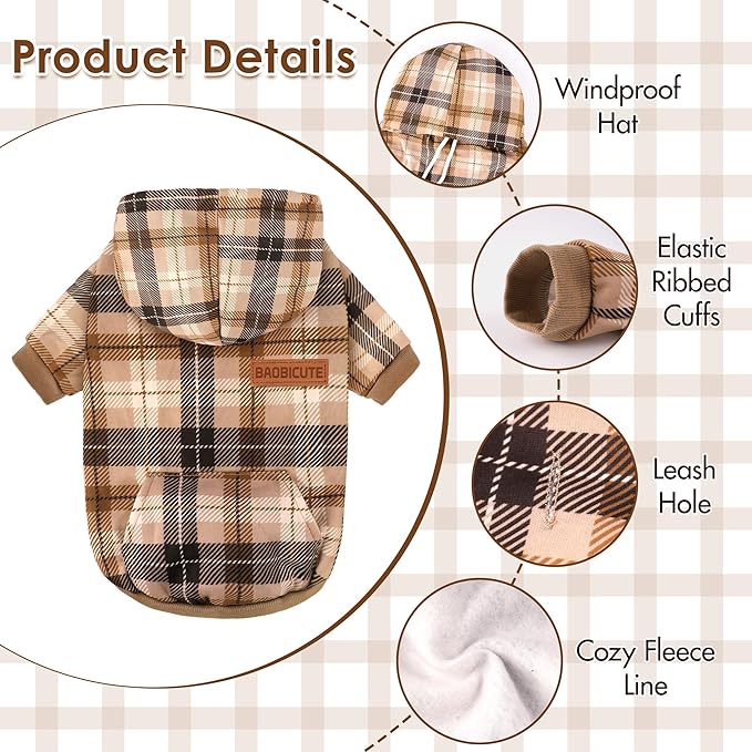 Dog Basic Hoodie Soft Dog Clothes Cold Weather Sweaters for Medium Large Dogs Cozy Fabric Warm Sweatshirt with Leash Hole for Boys (Khaki Plaid, X-Small (2-5 lbs))