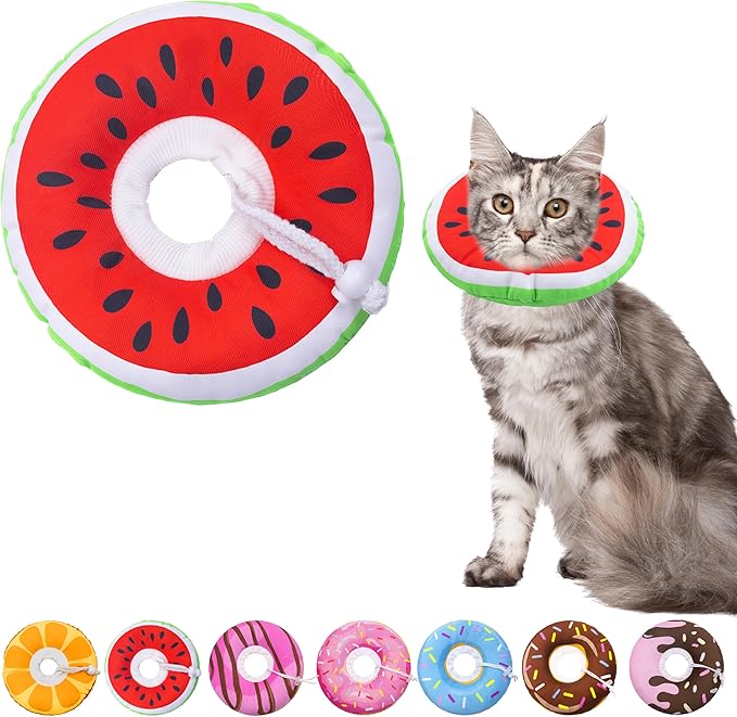 Seyezo Cat Cone Collar Soft, Adjustable Cat Recovery Collars Kitten Cones to Stop Licking, Cute Donut E Collar After Surgery, Protective Elizabethan Collar for Kittens (Watermelon, Medium)