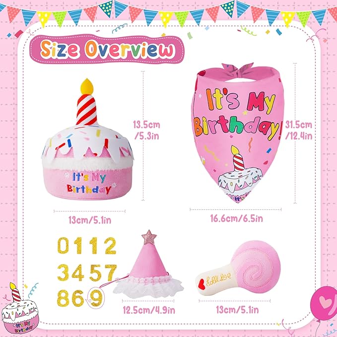 KIPRITII Dog Birthday Party Supplies – Pink Dog Squeak Toys, Birthday Bandana & Hat for Small Dogs, Interactive Puppy Plush Toys to Relieve Boredom