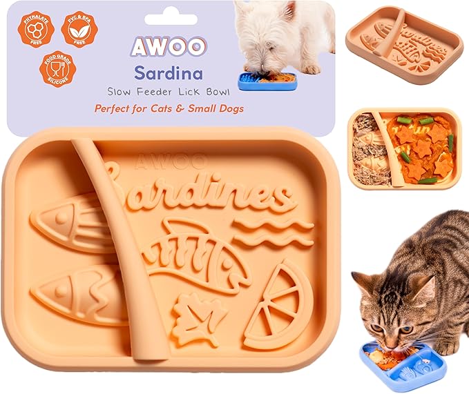 Awoo Sardina - Silicone Lick Mat + Slow Feeder for Cats & Small Dogs - Non-Slip Design with Suction Cups - Dishwasher Safe Pet Dish - Extends Mealtime and Reduces Anxiety - for Wet & Dry Food (Melon)