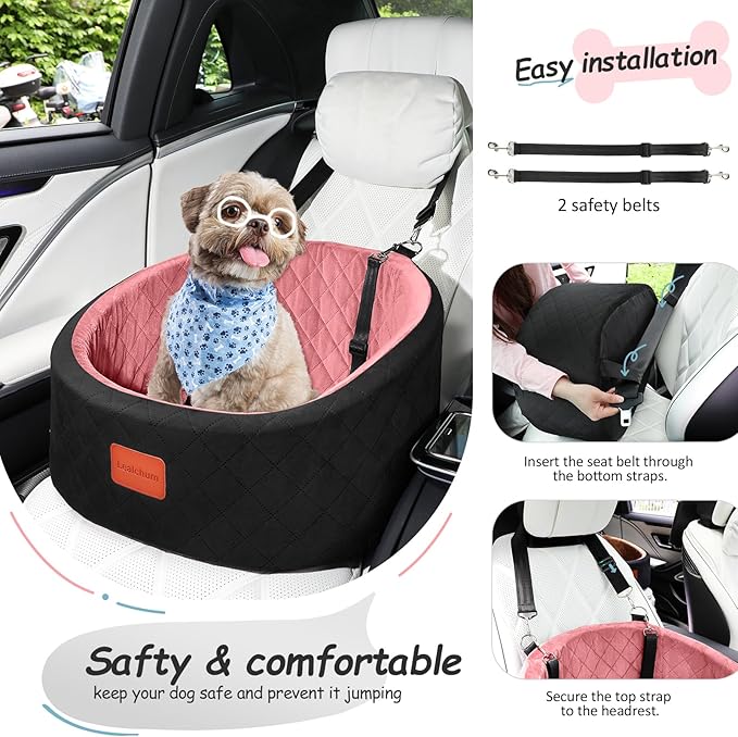 Lealchum Dog Car Seat for Small Dogs Up to 30 Lbs,Ultra Soft Fabric Fill in Comfy Memory Foam,Happy Pet Ride,2 Safety Dog Leashes,Fully Detachable and Washable,Anti Slip Base (Black/Pink, Small)