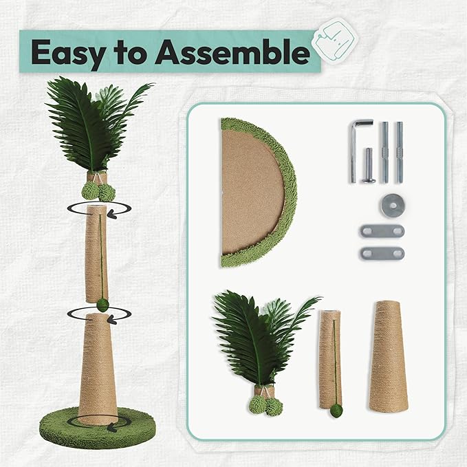 33" Tall Cat Scratching Post, Natural Jute Cat Scratcher for Indoor Cats, Coconut Tree Design with Hanging Toy Ball & Rest Platform, Stable Furniture Protector for Kittens & Adult Cats, L