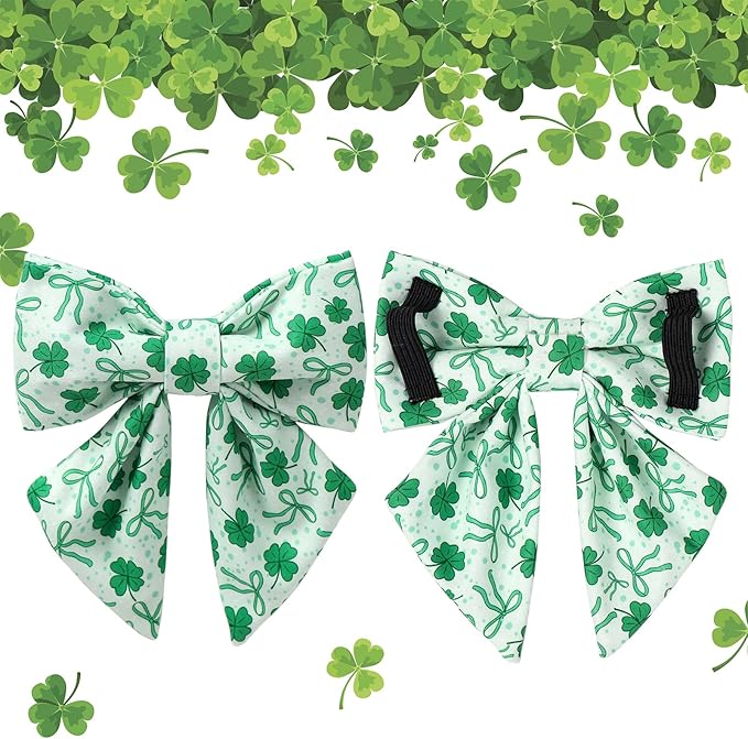 St. Patrick's Day Dog Collar with Bow Tie, Lucky Shamrock Bowtie Collar Adjustable for Girl Boy Dog, Trefoil Dog Collar Durable, Spring Green Collar for Dogs, XS