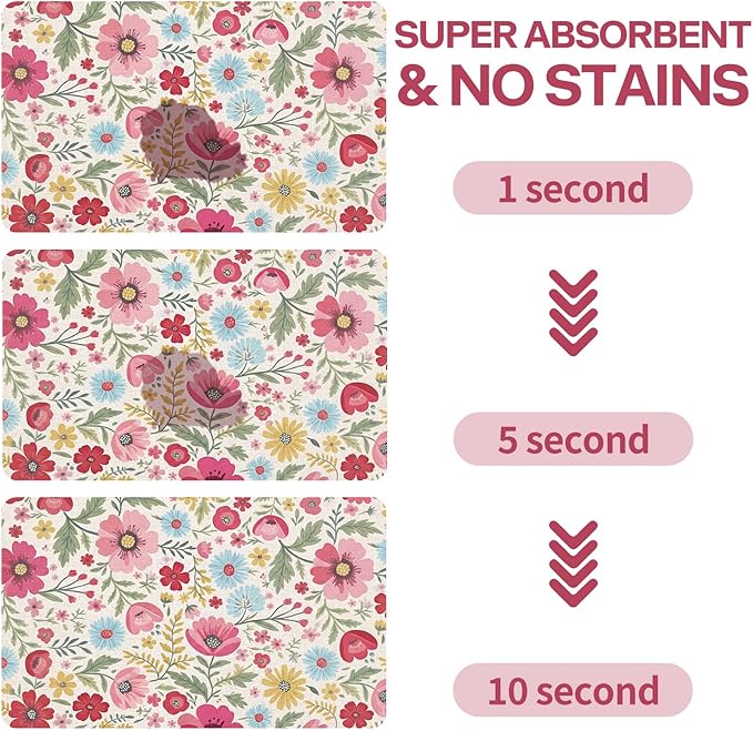 Pet Dog Cat Food Mat, Absorbent Quick Dry Dog Bowl Mats for Food and Water, Non Slip Boho Floral Dogs Cat Placemats Feeding Mat for Floors Indoor Puppy Pet Accessories Supplies 16 * 24 inch
