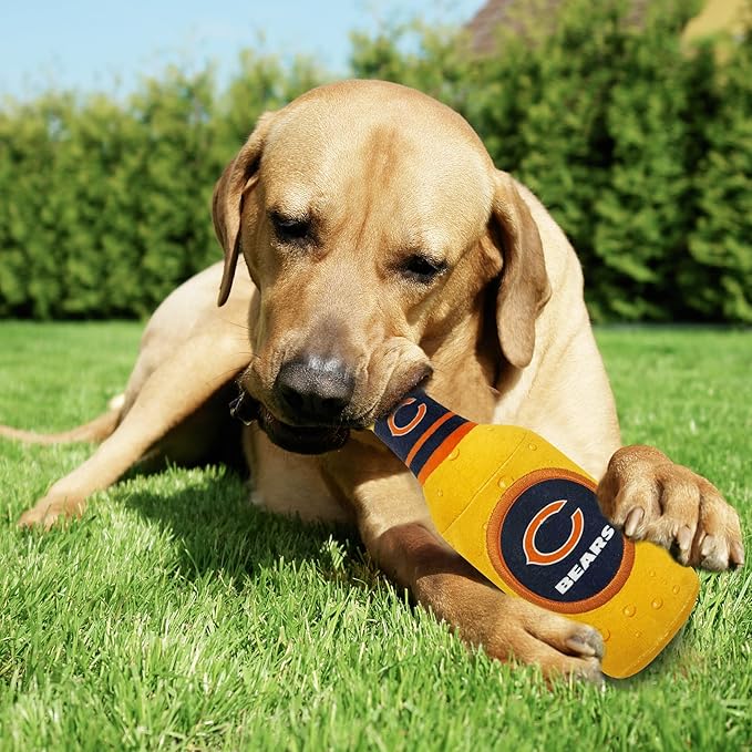 Pets First NFL Chicago Bears Beer Bottle Plush Dog & CAT Squeak Toy - Cutest Stadium SODA Bottle Snack Plush Toy for Dogs & Cats with Inner Squeaker & Beautiful Football Team Name/Logo