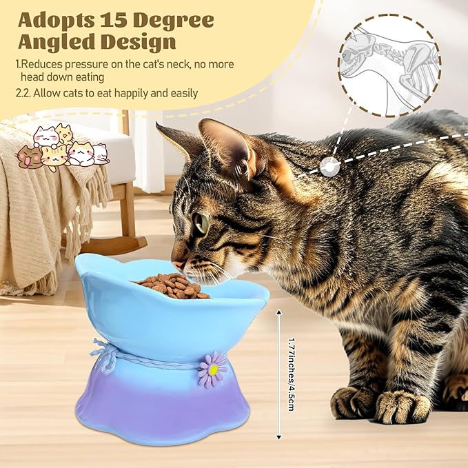 4Pcs Ceramic Raised Cat Bowl Elevated Cats Bowls Tilted Cat Food Dishes Pet Bowl Stand Feeder Cute Cats Bowl for Kittens Puppies Small Dog Whisker Fatigue Protect Kitten Spine