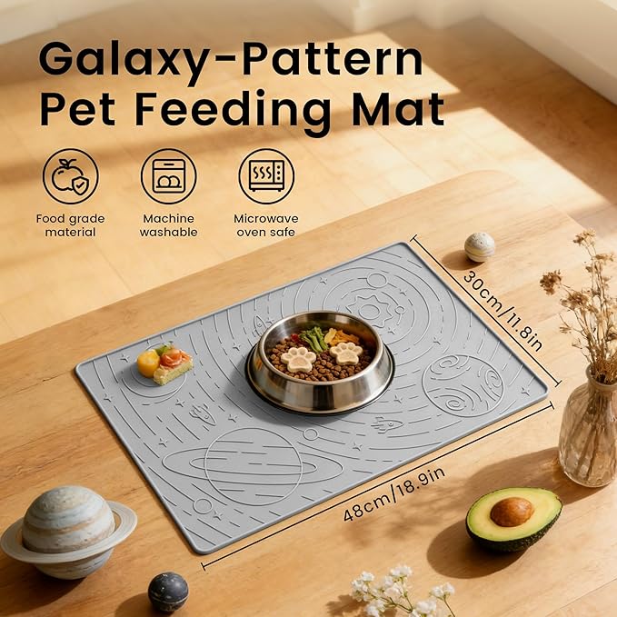 OHMO Dog Food Mat, Silicone Waterproof Cat Food Mat, Non-Skid Spill Proof Pet Feeding Mat for Food and Water, Easy to Clean Dog Placemat(Ash, 18.9" x 11.8")