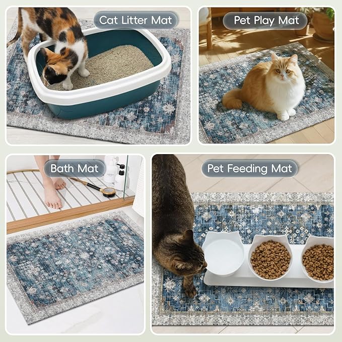 Cat Litter Mat Litter Trapping Mat, 40"x30" Waterproof Urine Proof Litter Box Mat Catcher Mat Non-Slip Washable for Kitty Kitten, Blue