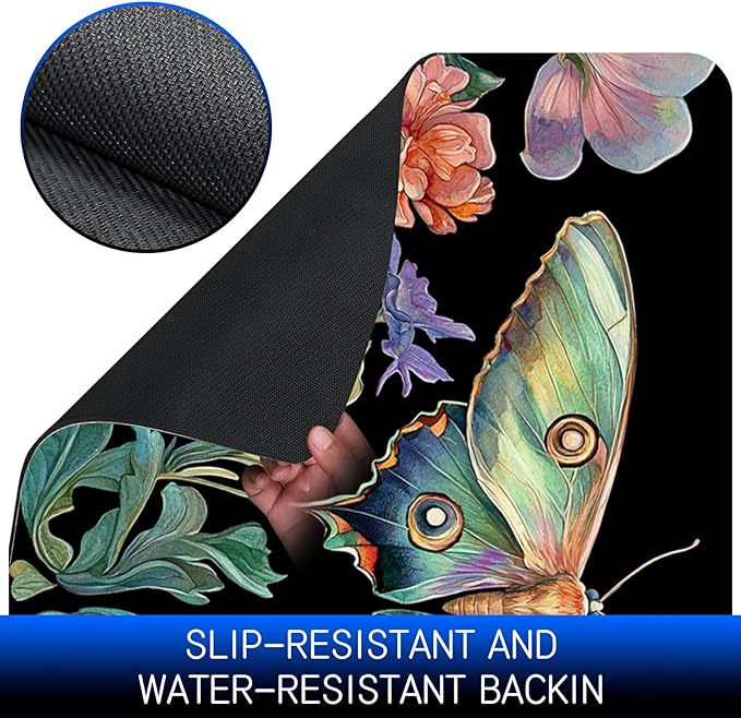 Dog Food Mat, 19.6" x 23.6" Absorbent Pet Feeding Mat for Food and Water, Waterproof Diatom Mud Pet Placemat with Non-Slip Rubber Backing, Cat Bowl Mat for Floors - Green Butterfly Leaf