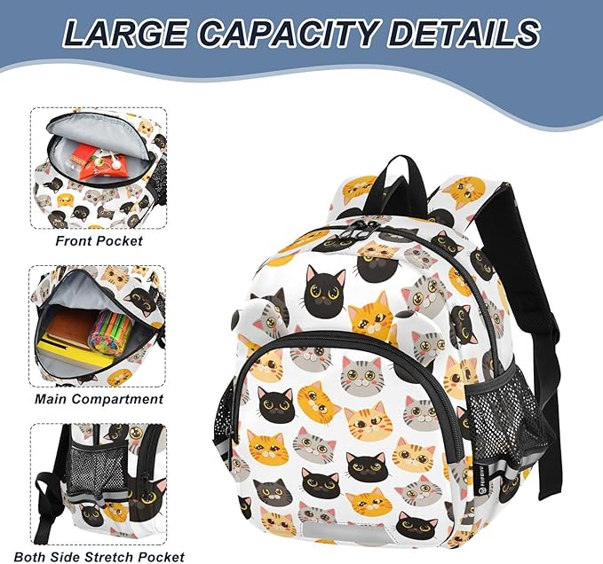 Cartoon Cats Toddler Backpack with Leash, Cute Preschool Backpack Baby Harness Bookbag
