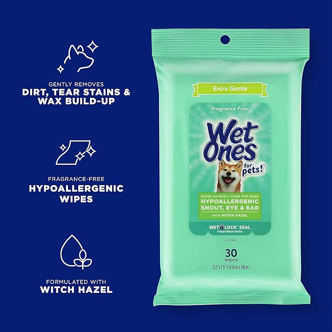 Wet Ones for Pets Extra Gentle Dog Wipes with Witch Hazel - Fragrance-Free, Hypoallergenic Pet Grooming Wipes for Snout, Eye, and Ear Areas, Sensitive Skin, 30 Count - 24 Pack
