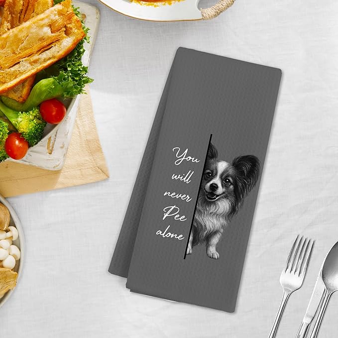 Funny Papillon Dog Hand Towels for Bathroom, Ou Will Never Pee Alone Hand Towels, Dogs Themed Dish Tea Towel for Kitchen Bathroom Decor, Papillon Dog Gifts for Women Men Dogs Lovers, 16x24 Inch