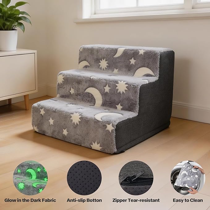 Pawise 3 Step Dog Stairs, Glow in The Dark Pet Steps, Non-Slip Dog Ramp with Zipper, Star Moon Pattern Plush Pet Stairs for Couch Sofa Bed, Indoor Portable Steps for Medium Large Dogs and Puppy