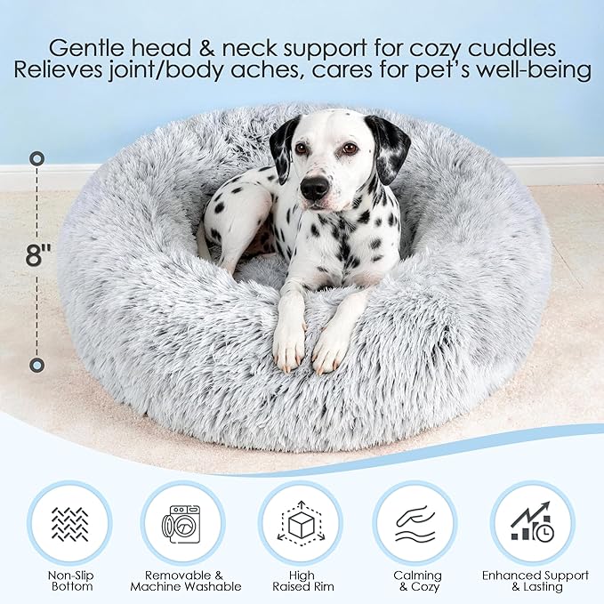 Donut Dog Bed, 23 inches Round Dog Bed with Removable Washable Cover & Foam Filling for Small Medium Dogs and Cats,Cute Pet Bed with Comfort Fluffy Plush Fur & Anti Slip Bottom，Grey