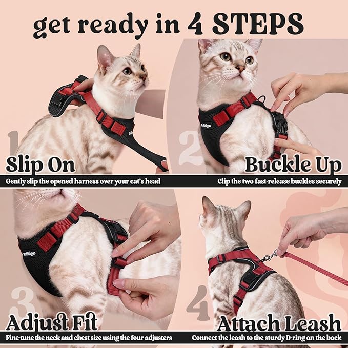 rabbitgoo Cat Harness and Leash Set, Escape Proof Vest Harness for Safe Outdoor Walks, Soft Breathable Adjustable Vest with Reflective Strips for Small and Average Cats, Black & Red, S