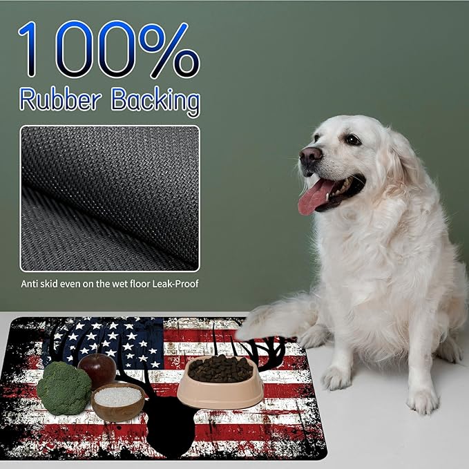 Dog Food Mat, 15.7" x 23.6" Absorbent Pet Feeding Mat for Food and Water, Waterproof Diatom Mud Pet Placemat with Non-Slip Rubber Backing, Easy Clean Cat Bowl Mat for Floors - Deer Flag