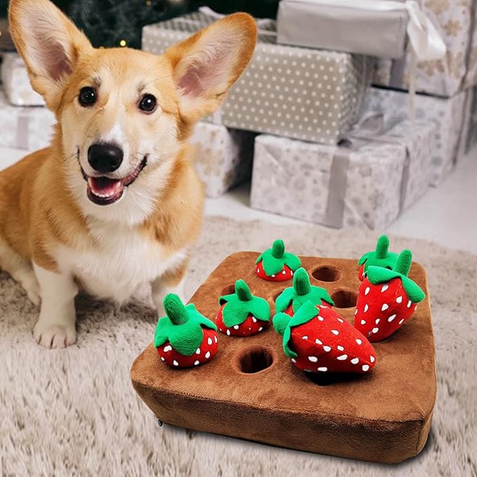 Snuffle Mat - Dog Strawberry Toy, Interactive Play Rug, Soft Plush Vegetable Field Design, Chew Resistant Training Mat | Fun Chewing Toy for Dogs, Pet Enrichment Game, Indoor Activity Pe