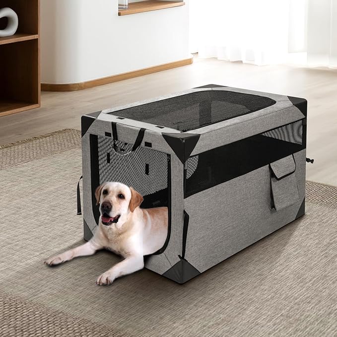 Zikopomi 30 Inch Portable Travel Dog Crate, 3 Door Collapsible Soft Pet Kennel with Durable Mesh Windows for Small and Medium Dogs, Foldable Dog Cage with Storage Pocket for Outdoor (Light Grey)