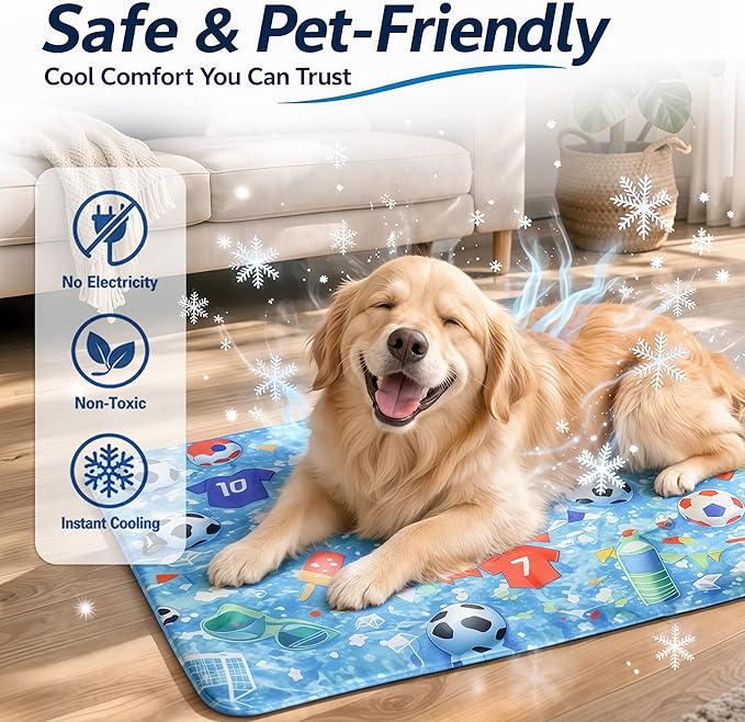 Dog Cooling Mat, Water-Activated Gel Ice Pad for Dogs&Cats, Self-Cooling Mat Soccer Fan Dog Gifts, Waterproof Wipe-Clean, Soccer-Themed Summer Beds for Outdoor&Indoor Large/Medium/Small Pets