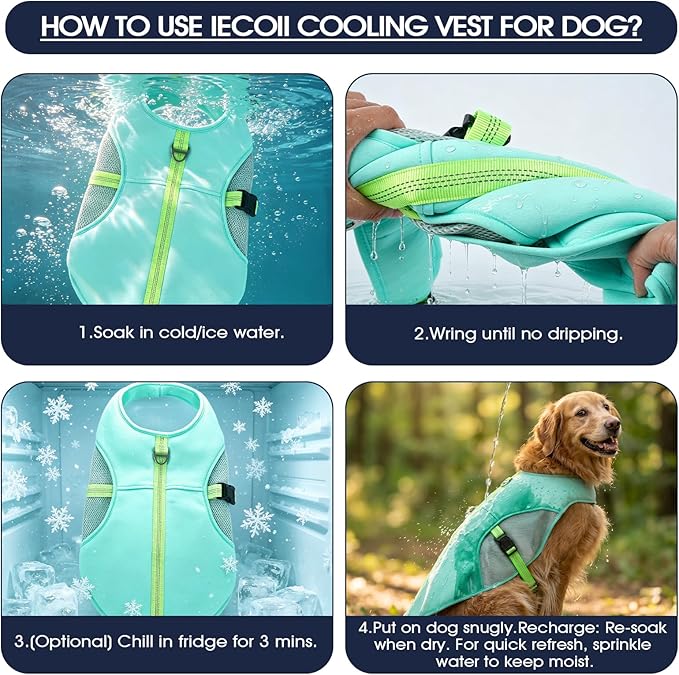IECOii Dog Cooling Vest for Summer with Leash Ring, Breathable Pet Cooling Harness, Reflective Lightweight Dog Cooler Vest for Hiking, Beach, Outdoor Activities, Turquoise, Size 3XL
