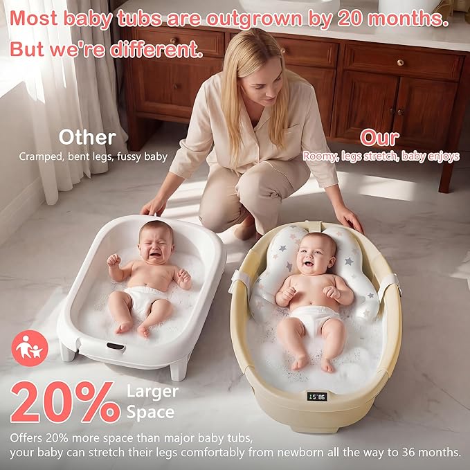 Collapsible Baby Bathtub - Large Baby Bath Tub with Thermometer | Bath Essential Bañera para Bebe Easy Fold Baby Tub | Travel Infant Newborn Toddler Bathtub for Baby Girl Boy 0 to 36 Months(Khaki)