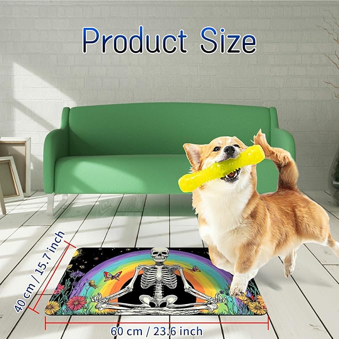 Dog Food Mat, 15.7" x 23.6" Absorbent Pet Feeding Mat for Food and Water, Waterproof Diatom Mud Pet Placemat with Non-Slip Rubber Backing, Easy Clean Cat Bowl Mat for Floors - Rainbow Skull
