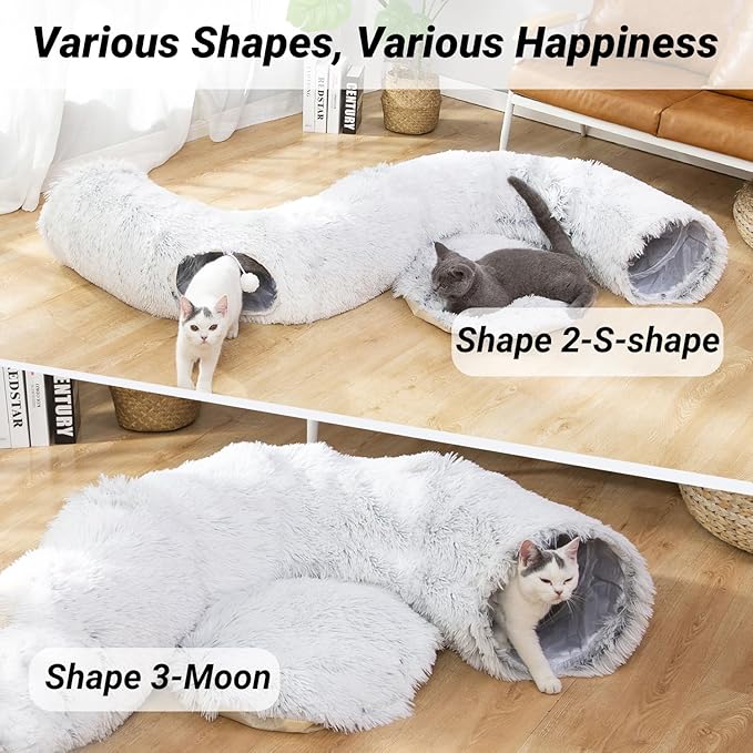 Warm Fluffy Plush Cat Dog Tunnel Bed Under Christmas Tree Big Tube Playground Toys 3 FT Diameter Longer Crinkle Collapsible 3 Way, for Indoor Cat Kitty Kitten Puppy Rabbit Ferret White