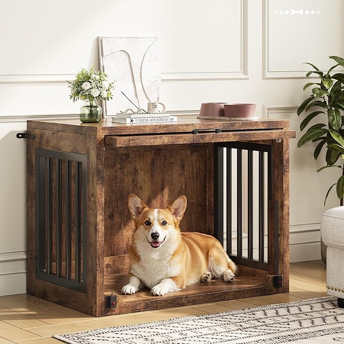 Jocoevol Dog Crate Furniture - 30'' Wooden Dog Kennel for Dogs up to 30 lb, Small Dog Crate with Hidden Sliding Door, Heavy Duty Dog Cage with Safety Latch and Quiet Pads, Rustic Brown