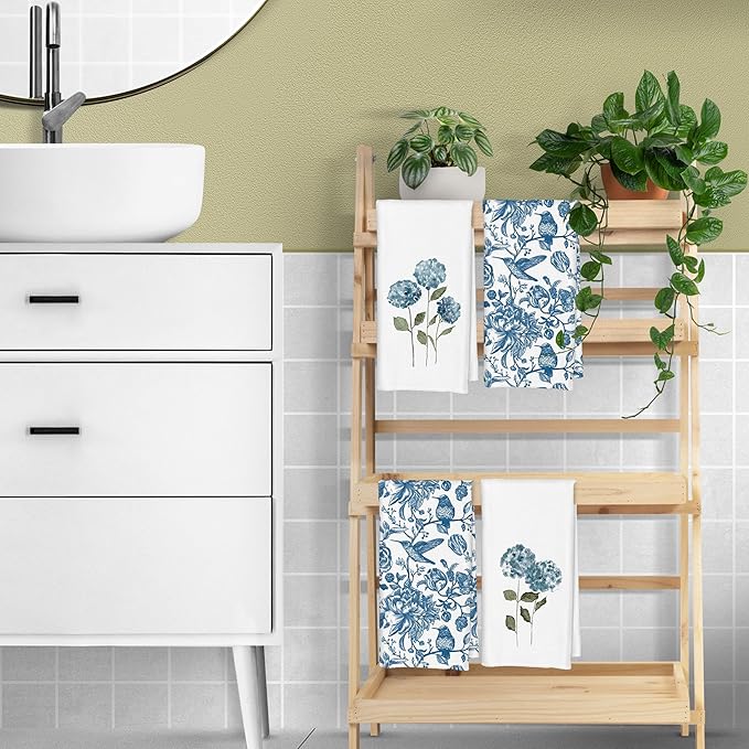 Blue Hydrangea Chinoiserie Floral Kitchen Towels Set of 2 - Summer Flowers Decorative Hand Towels for Bathroom, Blue Hydrangea Gifts, 16x24