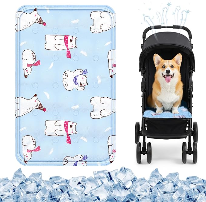 Nuanchu Dog Stroller Cooling Mat, Waterproof Gel Pet Cooling Pad for Summer, Washable Cat Sleeping Blanket, Portable Ice Gel Travel Mat for Cats, Crates, Car Seat(11.81 x 19.69 Inches,Colorful Bear)