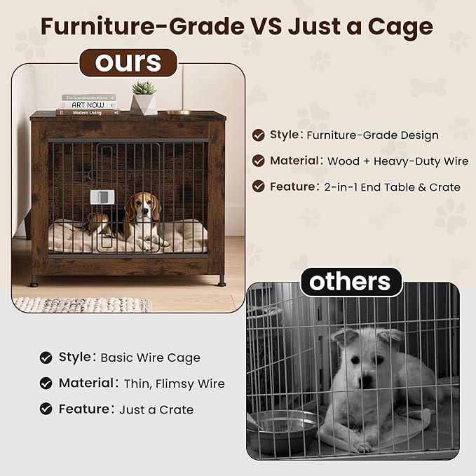 Wooden Dog Crate Furniture, 27in Dog Cage Furniture with Slide Safety Latch, Indoor Decorative End Table for High Anxiety Dogs, Furniture Style Dog Crate for Small to Medium Dogs, Aged Black