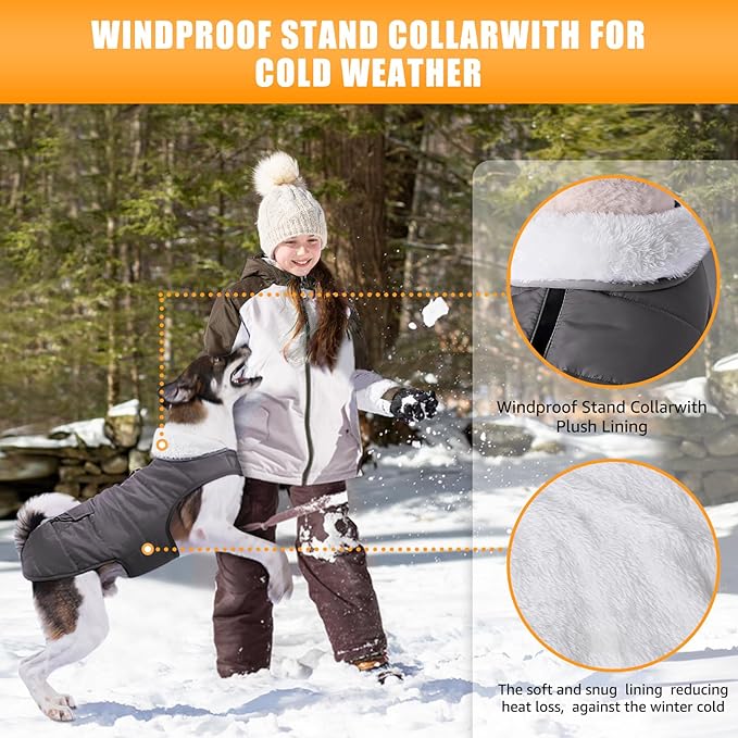 Dog Winter Jacket for Large Dogs, Easy on Dog Snow Coat Velcro Waterproof Pet Puffer Coat with Harness Hole Adjustable Reflective Quilted Pet Cold Weather Vest Wind-Poof for Boy Male