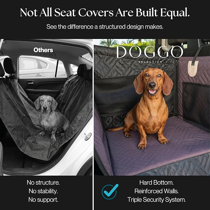 Dog Car Seat Cover with Hard Bottom – Back Seat Extender for Dogs Up to 35 lbs, Waterproof Non-Slip Hammock, Rigid Reinforced Base with Triple Security System, Storage Pockets, fits Cars SUVs Trucks