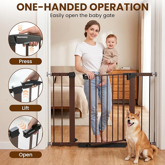 Baby Gate with Door, 26-40" Auto Close Dog Gate Indoor for Stairs Doorways, Easy Install Pressure Mounted Pet Gate, Easy Walk Through Child Safety Gate for the House, Brown