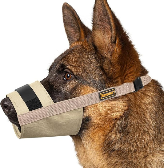 Mayerzon Dog Muzzle for Large Medium Small Dogs, Adjustable Fit, Soft & Sturdy Fabric, Prevents Fierce Barking Biting Chewing, Ideal for Grooming Walking Vet Visits, Allows to Pant Drink (Khaki, XL)