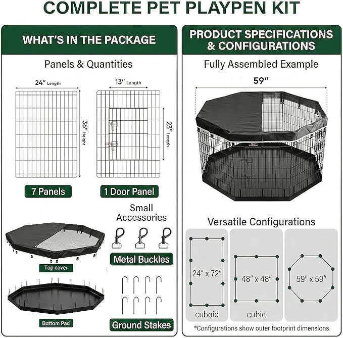 PJYuCien Octagonal Dog Playpen with Top Cover and Bottom Pad - Metal Foldable Exercise Pen, 8 Panels 36" H x 24" W Indoor Outdoor Pet Fence Puppy Crate Kennel, Black