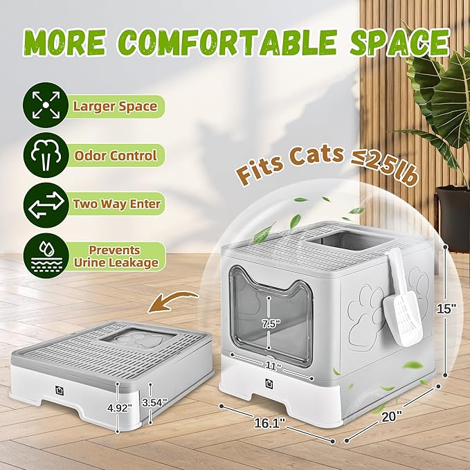 Covered Cat Litter Box with Litter Mat, Foldable Extra Large Dual Entry Adjustable Door, Drawer Design Enclosed Kitty Litter Box, Odor Control Anti-Splashing Easy Cleaning (Pale Grey)