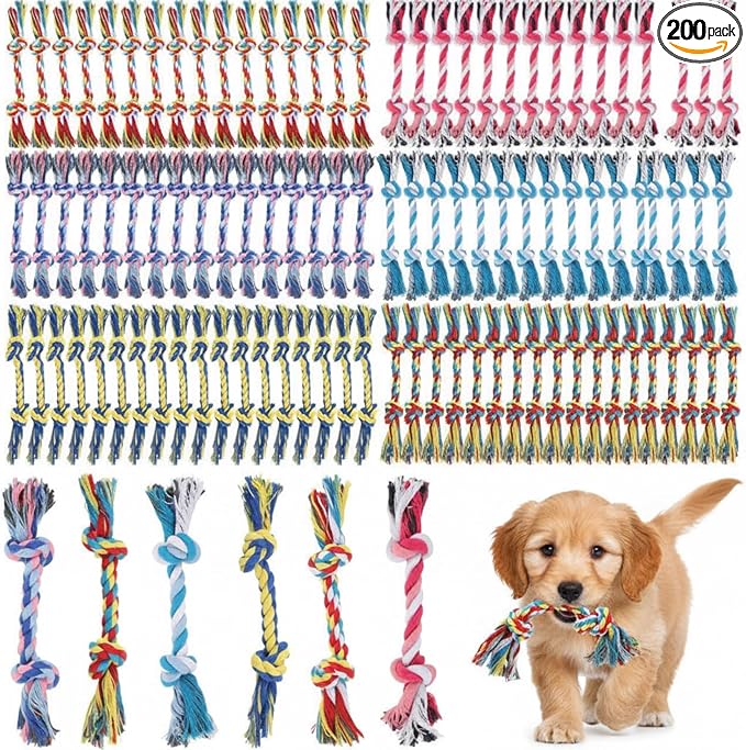 RoundFunny 200 Pcs Knot Rope Dog Toys Multi Color Puppy Chew Toy Cotton Puppy Dental Teething Toys 2 Knot Dog Tug for Small and Medium Dogs Aggressive Chewers Supplies