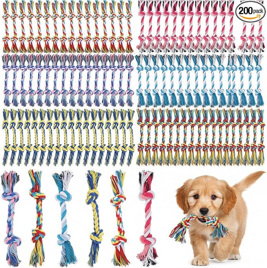 RoundFunny 200 Pcs Knot Rope Dog Toys Multi Color Puppy Chew Toy Cotton Puppy Dental Teething Toys 2 Knot Dog Tug for Small and Medium Dogs Aggressive Chewers Supplies