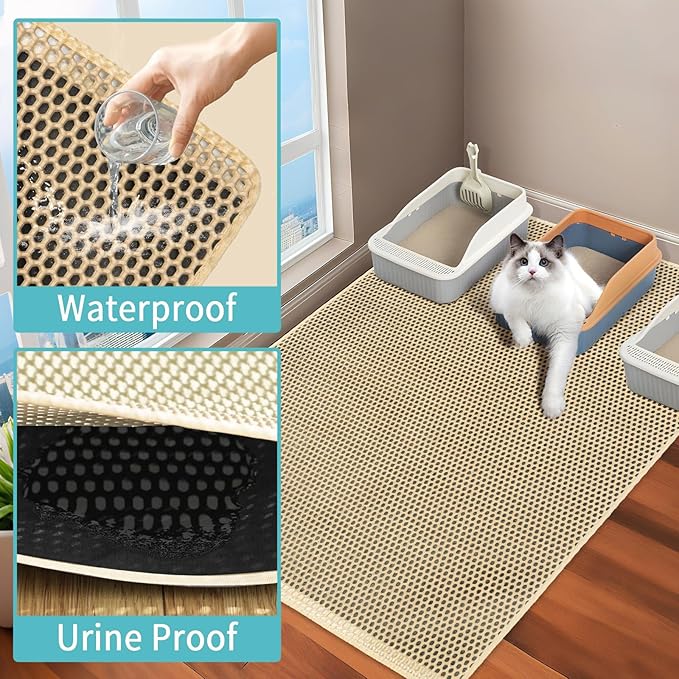 Cat Litter Box Mat Extra Large, XXL 47x36 inch Litter Trapping Mat, Double Layer Honeycomb Non-Slip Waterproof for All Size Litter Boxes & Multi Cats(Khaki)