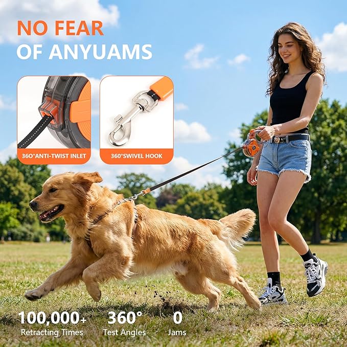 Lightweight and Retractable Dog Leash - Anti-Entanglement and one-Hand Brake, Easy to Control - 13-Foot Durable Dog Leash, Designed for Women, Suitable for Small/Medium Dogs - Comfortable Grip