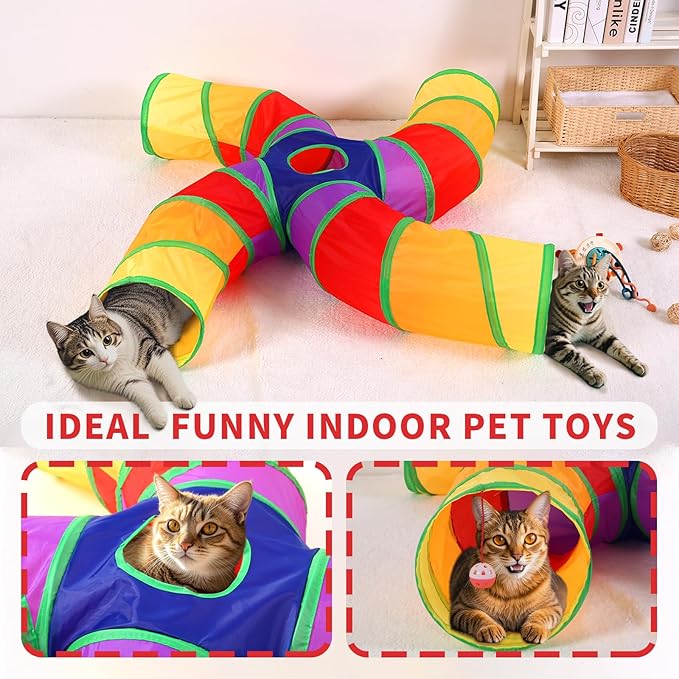Pet Cat Tunnel, 4 Way Tunnels for Indoor Cats, Collapsible Pet Tunnel for Kitten, Puppy, Rabbit, 25cm-Wide Tunnels, Durable & Breathable, with Peek Hole Toy Ball