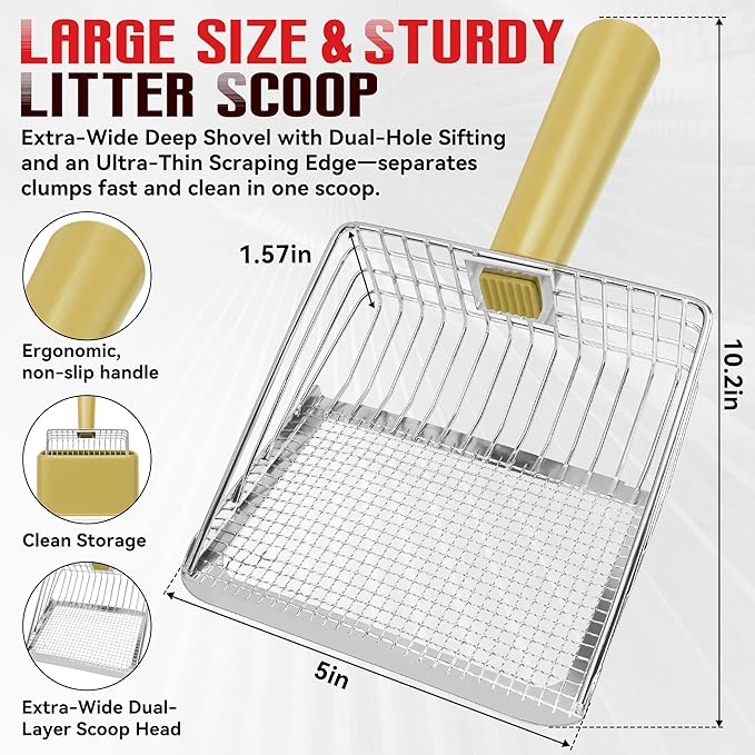 Metal Cat Litter Scoop with Holder, Heavy Duty Deep Sifter with Dual-Hole (10mm/5mm) for Pellets & Clay, Non-Stick (Yellow)