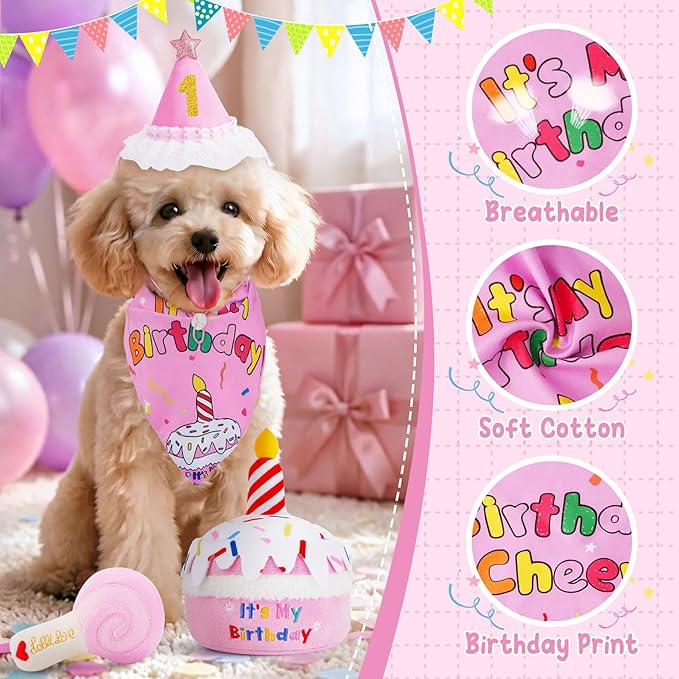 KIPRITII Dog Birthday Party Supplies – Pink Dog Squeak Toys, Birthday Bandana & Hat for Small Dogs, Interactive Puppy Plush Toys to Relieve Boredom